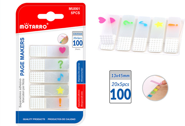 MOTARRO Index-Tabs mit fluoreszierenden Symbol-Seitenmarkierungen, 20 Blatt, transparent und mehrfarbig, selbstklebende PET Haftnotizen für Büro und Schule - Bild 1