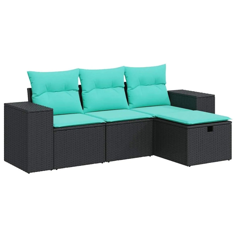 vidaXL 4-teilige Garten-Sofagarnitur in L-Form mit Polstern und Ottoman, Schwarz/Blau, Poly-Rattan und Metallrahmen - Bild 2
