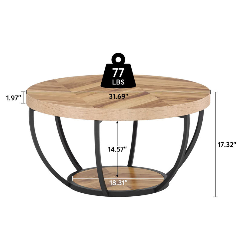 Tribesigns runder Couchtisch im industriellen Design mit 2 Ablageflächen aus Holz, braun - Bild 2
