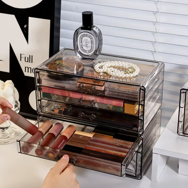 Schreibtisch-Schublade aus Acryl in Transparent und Schwarz, stapelbare Kosmetik-Aufbewahrungsbox und Organizer für Bürobedarf und Hautpflege - Bild 4