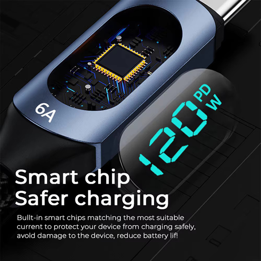 NNBILI USB-A auf USB-C Ladekabel mit 120W Schnellladefunktion und LED-Digitalanzeige in Blau - Bild 3