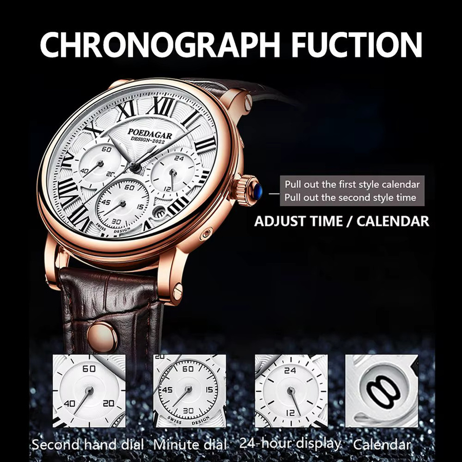 POEDAGAR Armbanduhr Chronograph, Quarz, Leder, Schwarz, Herren - Bild 3