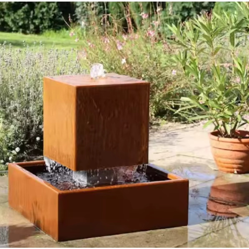 EXW Quadratischer Wassertisch-Brunnen aus Cortenstahl in Braun mit modernem geometrischem Design für Garten und Terrasse - Bild 2