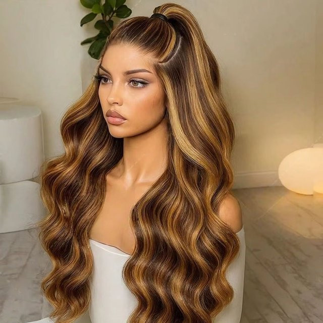 FIUMER Echthaar-Perücke, Braune Body Wave, HD Lace Frontal, P4/27 Ombre Braun, 86cm - Bild 1