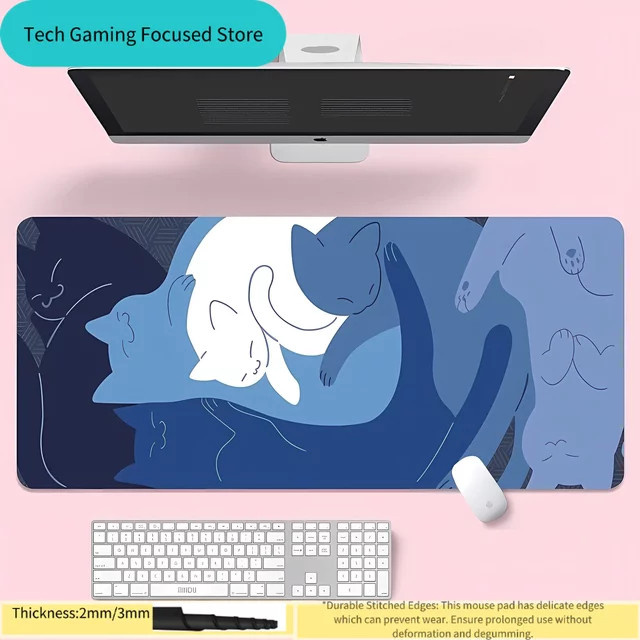 Potdemiel Mauspad XXL mit blauem Katzen-Design als Schreibtischunterlage für Gamer und Kawaii-Liebhaber - Bild 1