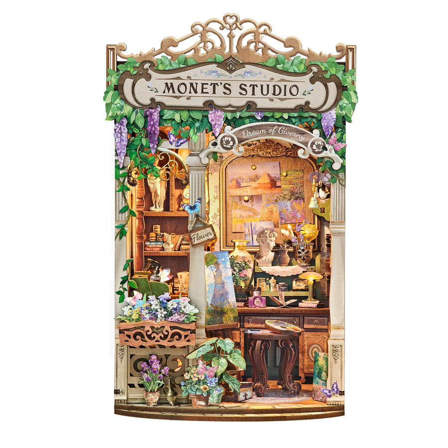 ELEVEN-CUTE Monet's Studio Buch Nook Regal Einsatz Kit, Miniatur Modell Kit, mit Licht, Holz - Bild 5