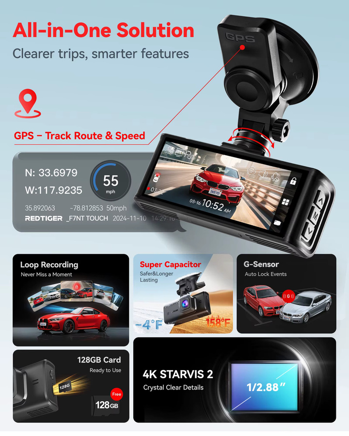 REDTIGER F7N TOUCH 4K Dashcam mit Starvis 2 IMX675, 5,8 GHz WLAN und Nachtsicht, Schwarz - Bild 4