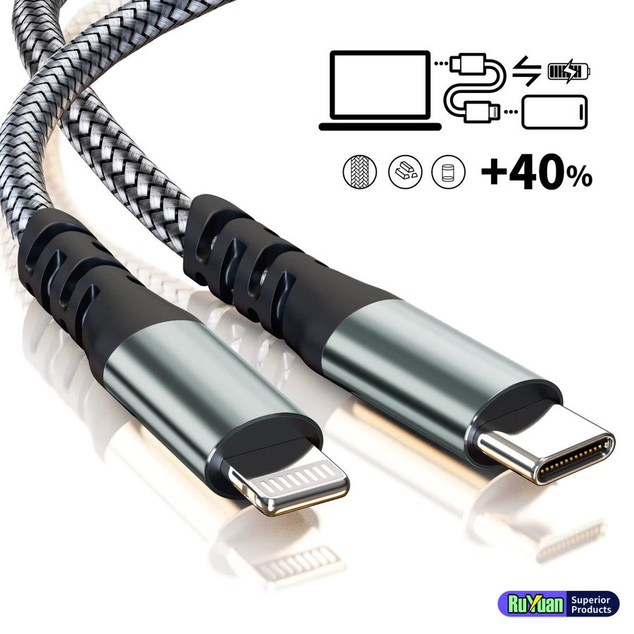 LAIHONEN MFi-zertifiziertes USB-C auf Lightning Schnellladekabel 20W, grau, Nylon-umflochten für iOS Geräte - Bild 3