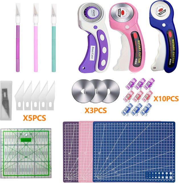 Präzisions-Rotationsschneider-Set in Pink mit 45 mm Klinge, Schnitzmesser, A4-Schneidpad und Patch-Maßband für Nähen, Stickerei und Bastelarbeiten - Bild 1
