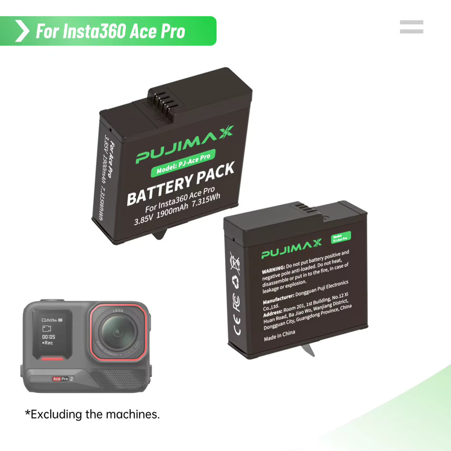 PUJIMAX Ersatzakku für Insta360 Ace Pro, 1900mAh, 3.85V, Schwarz - Bild 2