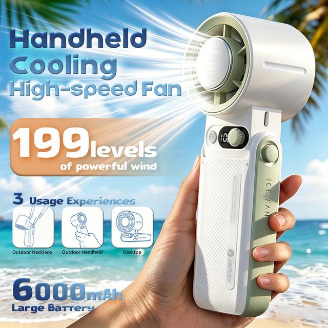 HAOYUNMA Hochgeschwindigkeits-Handventilator mit Eiskühlung, 199 Geschwindigkeitsstufen, 6000mAh Akku und LED-Bildschirm, tragbarer Nackenventilator und faltbarer Tischventilator, Farbe: Schwarz - Bild 1