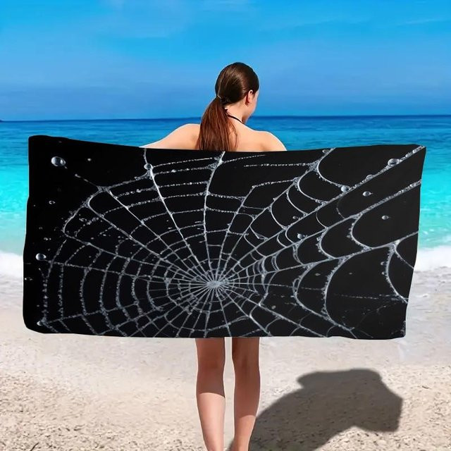 Strandtuch im gotischen Stil mit Spinnennetz-Design aus Mikrofaser, schnelltrocknend und super saugfähig, Farben: Schwarz/Weiß, B: 45 cm, H: 90 cm - Bild 1