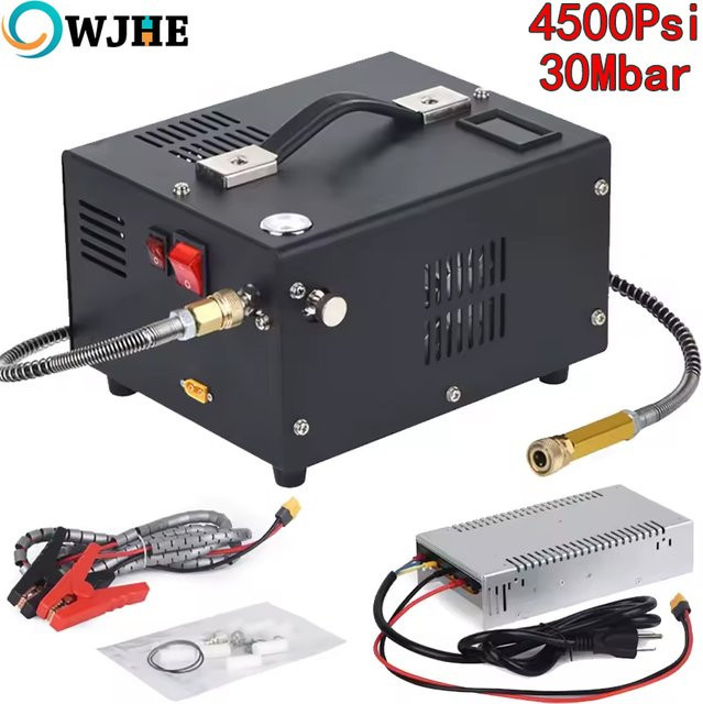 OWJHE Tragbare PCP-Luftkompressorpumpe in Schwarz, 4500Psi 30Mbar, Öl- und wasserfrei, Hochdruckpumpe für Tauchflaschen (12VDC/110V/220V) - Bild 1