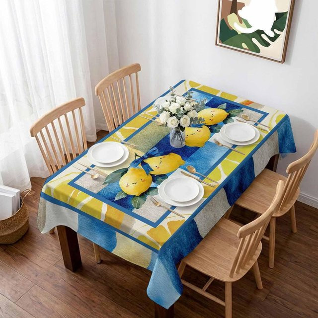 Wasserdichte Tischdecke JINGYUE Pet mit Zitronen und blauem Karomuster, quadratisch, B/B: 140 x 140 cm - Bild 1