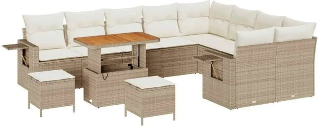 vidaXL Garten-Sofa-Set 12-tlg. aus Poly-Rattan in Beige mit Polsterkissen und Tisch, modernes U-Shape Lounge-Set - Bild 1