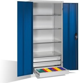 C+P Werkzeugschrank aus Stahl mit Drehtüren, 4 Böden und 3 Schubladen, Front Enzianblau, Korpus Lichtgrau, H: 195 cm, B: 93 cm, T: 60 cm - Bild 1