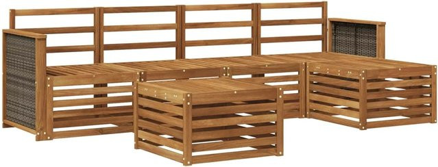 vidaXL Outdoor-Sofagarnitur aus Akazienholz mit 6 Teilen in Natur, bestehend aus Eckelementen, Ottomanen und Couchtisch inklusive Polsterkissen in Beige und Braun - Bild 1