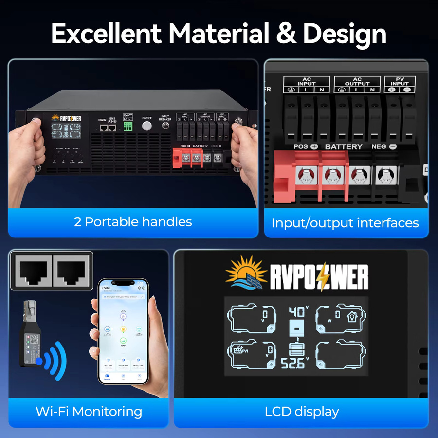 RVPOZWER 6200W Hybrid-Solarwechselrichter in Schwarz mit reiner Sinuswelle, RS485-Schnittstelle für BMS-Kommunikation, RS232-Schnittstelle zur Betriebsdatenüberwachung und LCD-Display - Bild 2