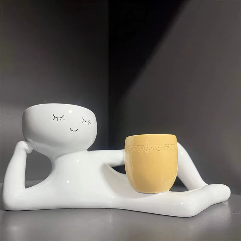 GOOD-Lazy Guy Pflanzgefäß aus Kunstharz in Weiß als dekorative Liegende Figur für Sukkulenten und Gartenpflanzen - Bild 3