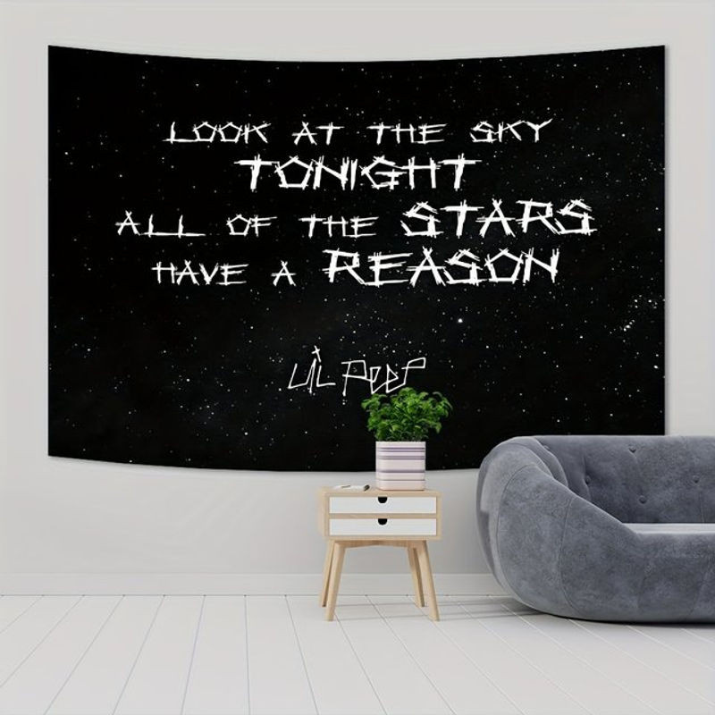 VIKAMA Lil Peep Sternenhimmel Wandteppich mit Zitaten in Schwarz, Rechteckiger Textil-Wandteppich für dein Wohnzimmer oder Studio - Bild 1