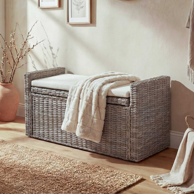 Garderobenbank Genua von MCW aus Kubu Rattan mit Stauraum und Kissen, grau-braun, Breite: 88 cm - Bild 1