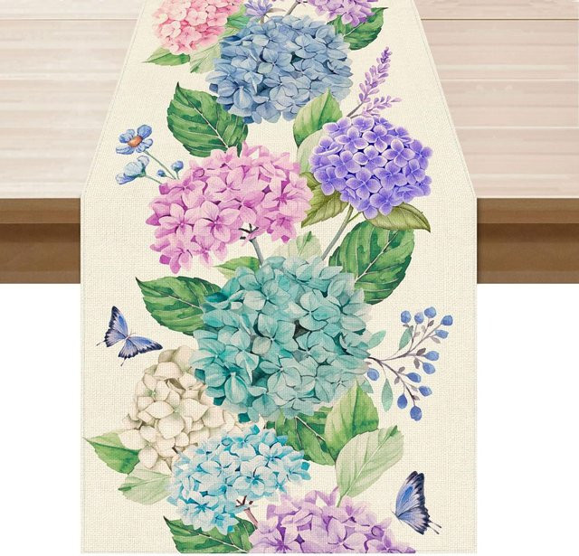 JINGYUE Pet Tischläufer mit Aquarell-Hortensienblumen und Schmetterlingen in Grau und Multicolour, Leinen, B/H: 150 x 33 cm - Bild 1