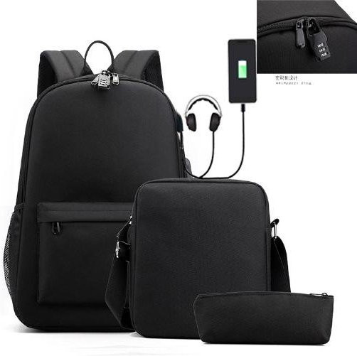 3-teiliges Schulrucksack-Set aus Oxford-Stoff in Schwarz mit Schultasche und Federmäppchen - Bild 1