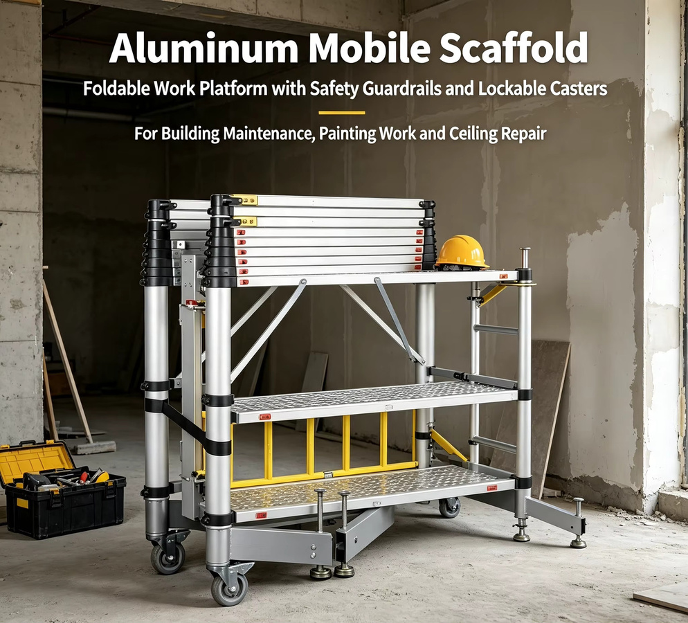 3-teiliges Teleskop-Aluminium-Mobilgerüst als tragbare Arbeitsplattform in Silber und Weiß - Bild 2