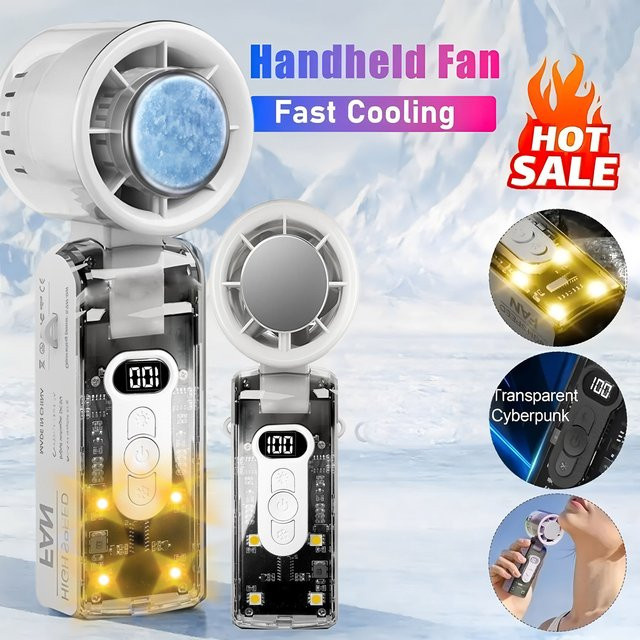 Fireurus Mini-Handventilator USB-aufladbar in Weiß mit Digitalanzeige und LED-Licht - Bild 1