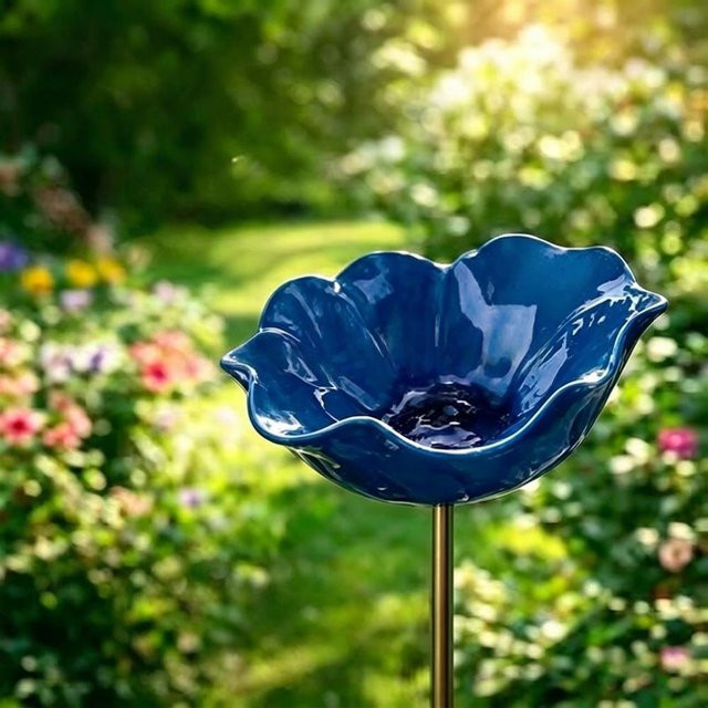 Handgefertigter Metallblumen-Gartenspieß Yeiiaolin als Erdspieß und Vogeltränke zur Rasendekoration in Dunkelblau - Bild 1