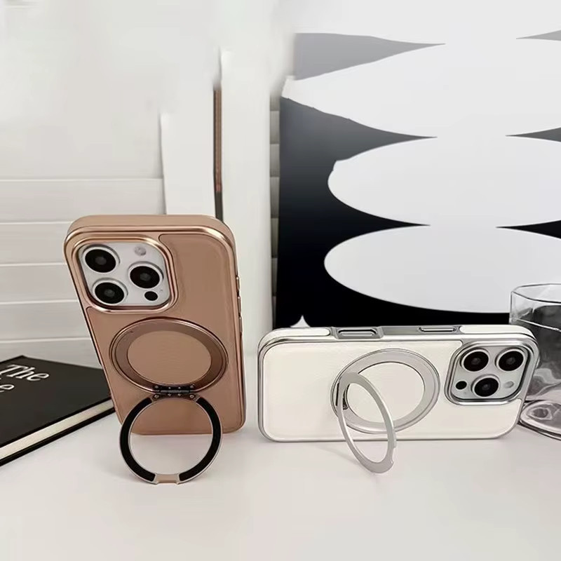 RUWANGAA MagSafe Magnetische iPhone Hülle mit 360 Grad Rotierbarem Metall-Ring aus Leder in Weiß für iPhone 16 Pro Max, 15 Pro Max, 14 und 13 - Bild 4