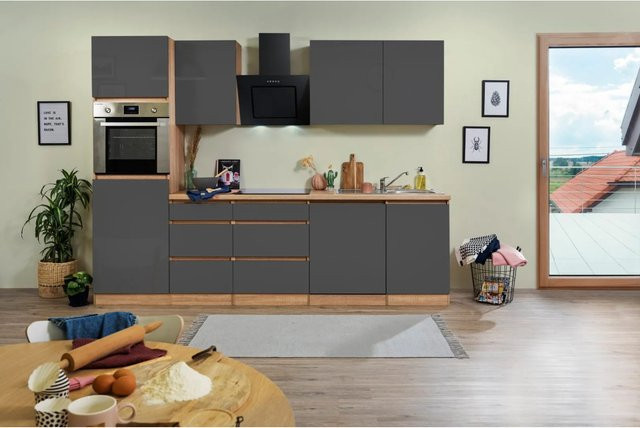 Respekta Küchenzeile modern ohne E-Geräte in Grau Hochglanz und Eiche Sägerau, B: 280 cm, H: 220,5 cm, T: 60 cm - Bild 1