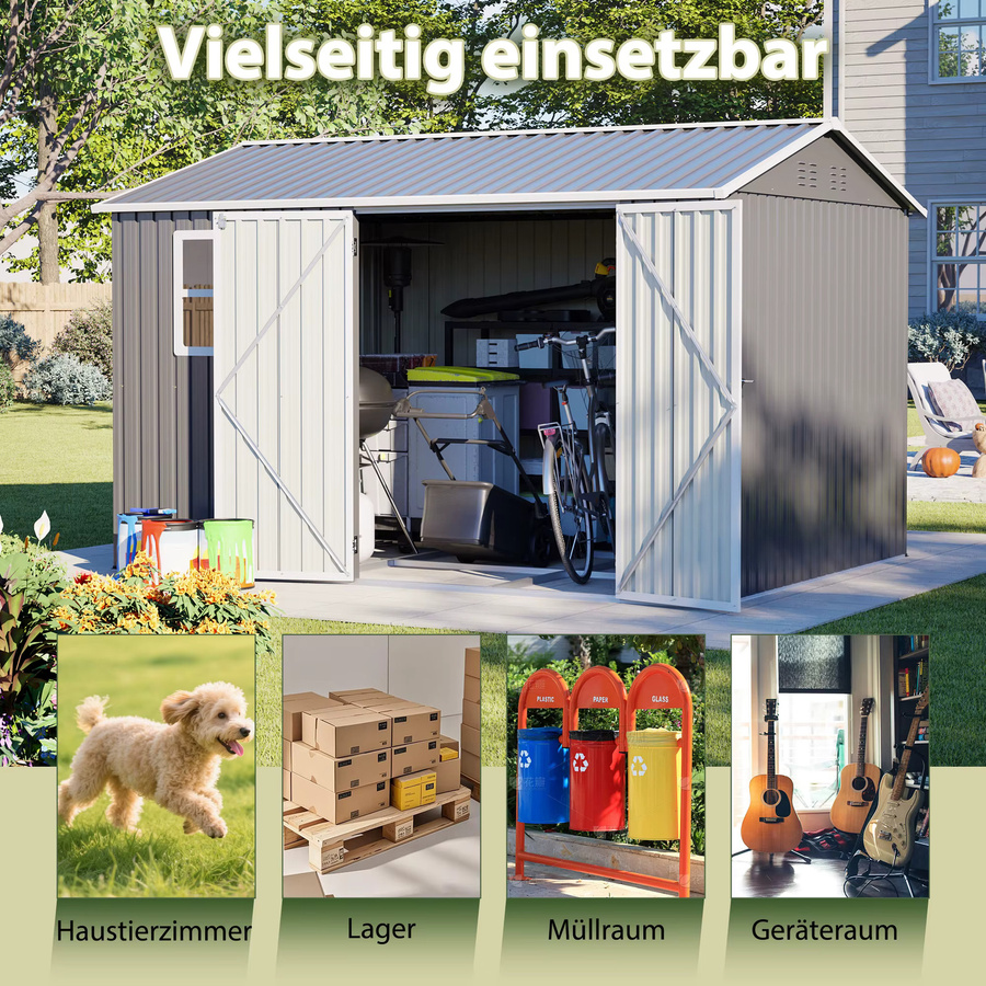 GIHAUVIA Outdoor-Gartenschuppen aus Stahl in Grau mit Fenster und abschließbaren Doppeltüren, wetterbeständiges Werkzeughaus mit Metallbodengestell, B/T/H: 311 x 230 x 201 cm - Bild 7