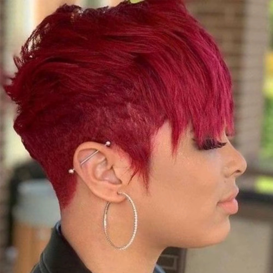 OYM HAIR Pixie-Schnitt-Perücke, Remy-Echthaar, Burgundy, mit Pony, Damen - Bild 2