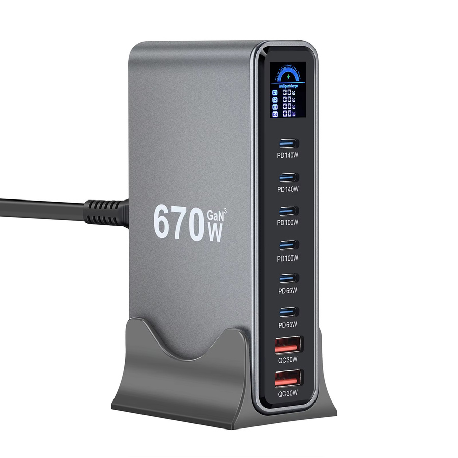 deepartner 670W GaN Schnell-Ladestation mit Display und 140W USB-C-Anschluss, 8-Port-Ladegerät für Handys und Tablets - Bild 2