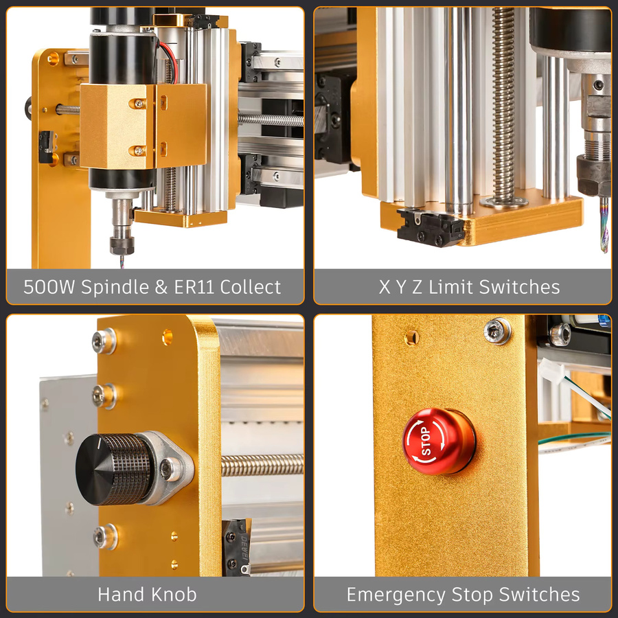JEEL 3018 Pro Ultra CNC-Fräsmaschine 500W Vollmetall-Graviermaschine in Gold mit GRBL Offline, Endschalter und E-Stop für Metall, Holz, Acryl, PCB und MDF - Bild 4