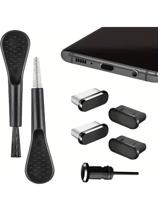 7er-Pack USB-C Anti-Staub-Stecker und Reinigungsbürsten-Set aus Aluminiumlegierung in Schwarz für iPhone 16 17 und Samsung Galaxy - Bild 4