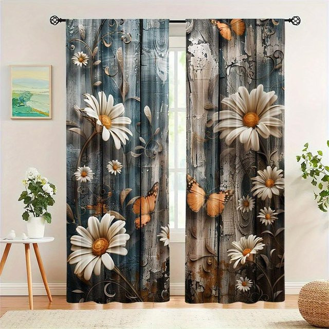 2-teiliger halbverdunkelnder Vorhang von Yiran Furniture mit Holztürdruck in Multicolour, B: 100 cm, H: 130 cm - Bild 1