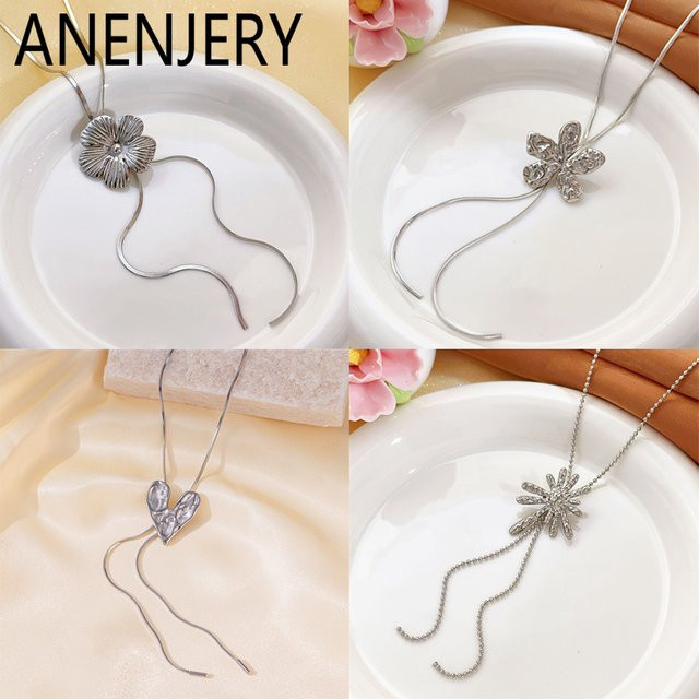 ANENJERY Halskette, Edelstahl, Silber, Damen, Herz-Blumen-Schmetterling - Bild 1