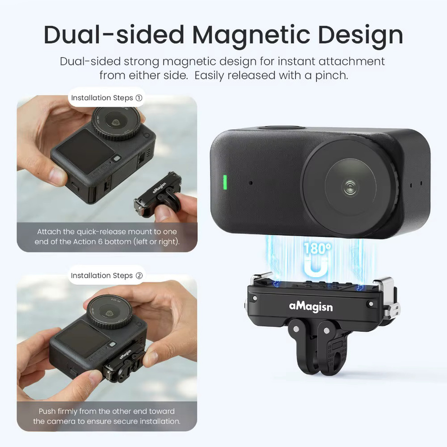 aMagisn Sicherheitskamera-Halterung mit Schnellverschluss für DJI Osmo Action 6 und NANO in Schwarz mit 1/4-Zoll- und 2-Pin-Schnittstellen - Bild 3