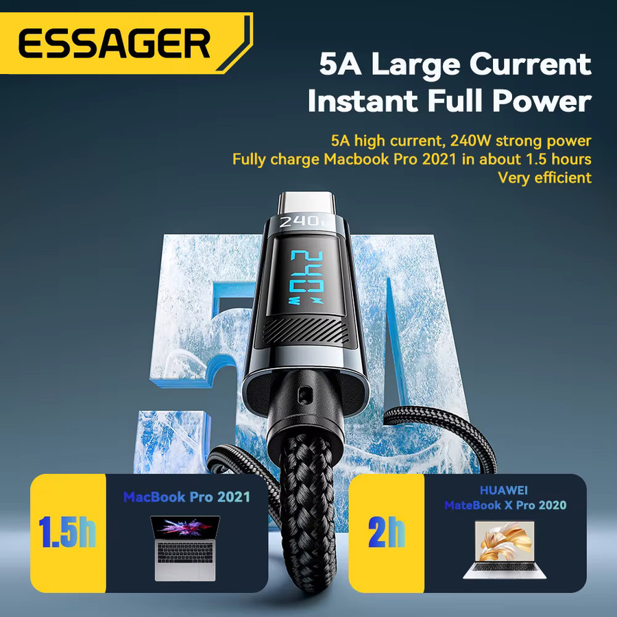 Essager USB Typ C auf USB C Kabel 240 W PD 3.1 Schnellladekabel für iPhone 15 Pro Max MacBook Pro Xiaomi Samsung in Schwarz oder Grau - Bild 3