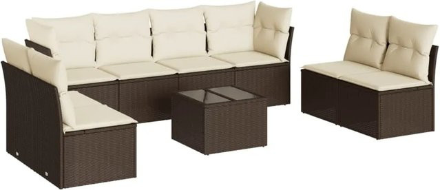 vidaXL 9-tlg. Garten-Sofagarnitur in L-Form aus Poly-Rattan mit Kissen und Couchtisch in Braun und Weiß - Bild 1
