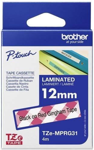 Brother TZe-MPRG31 Beschriftungsband mit rotem Karomuster, Farbe Weiß, Schriftfarbe Schwarz, Breite: 12 mm, Länge: 4 m - Bild 1