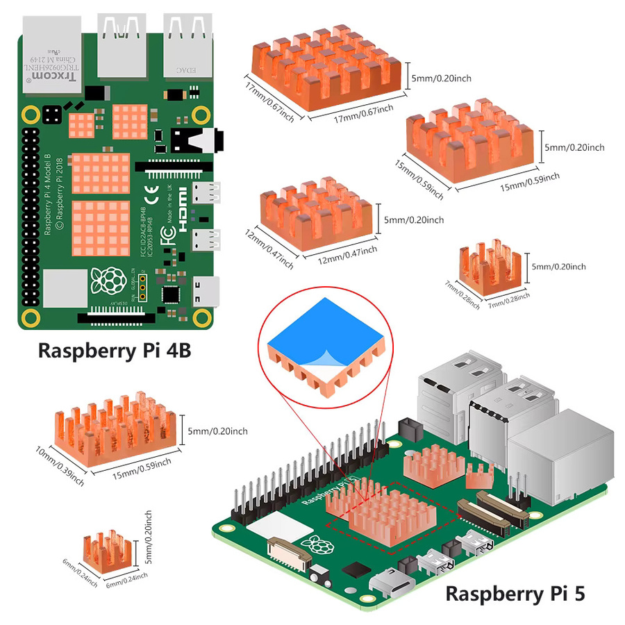 Geeekpi 18-teiliges Kupfer-Kühlkörper-Set für Raspberry Pi 5 und Pi 4B inklusive wärmeleitendem Klebeband in Silber und Orange - Bild 2