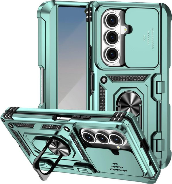 Stoßfeste Schutzhülle für Samsung Galaxy Z Fold 7 mit magnetischem Ringhalter und Kamera-Schiebefenster in Grün - Bild 1