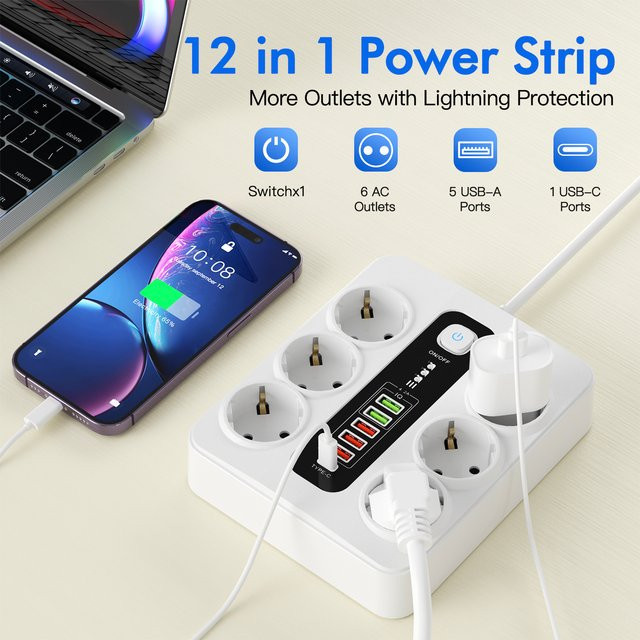 Steckdosenleiste mit Sicherheitsschalter und USB-Typ-C-Anschlüssen, 2 m Kabel, 3000 W mit Überlastschutz für Büro und Zuhause - Bild 1