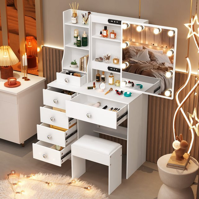 Teousev Schminktisch in Weiß mit Hollywood LED-Spiegel, Schiebespiegelrahmen und Hocker im modernen Design - Bild 1
