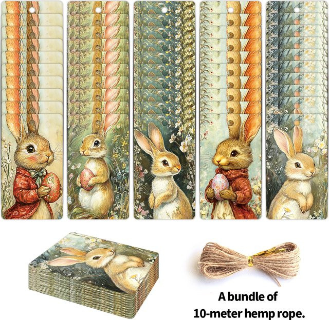 WhimsyCraft 50 Stück Vintage-Kaninchen Papieranhänger mit Hanfseil für Ostern - Bild 1