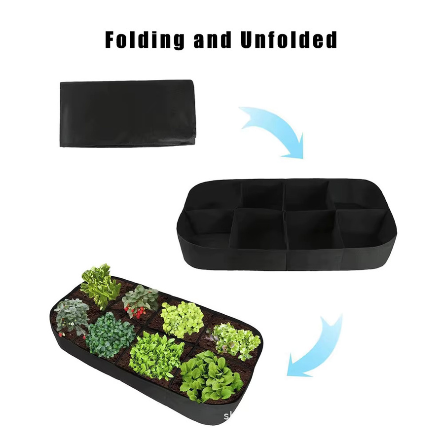 Rechteckiger Pflanzbeutel aus Filz in Schwarz für Gemüse und Blumen als erhöhtes Gartenbett mit mehreren Taschen - Bild 3