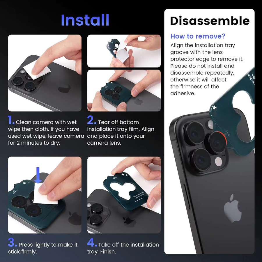 NYFundas Kameraobjektivschutz aus gehärtetem Glas in Schwarz für iPhone 16 Pro Max 15 Plus 14 13 Mini 12 11 - Bild 2